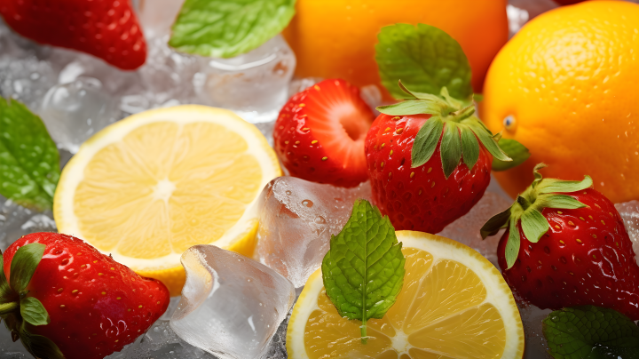 夏季橙子草莓和柠檬的摄影图版权图片下载