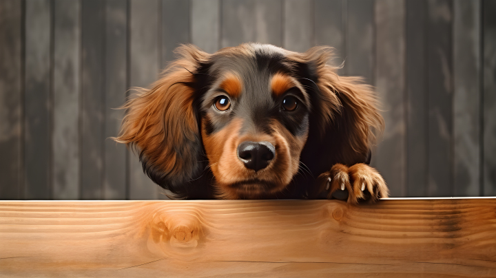 棕色狗望着木制栅栏外的景象摄影版权图片下载