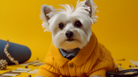 黄色背景中的狗穿毛衣摄影图片