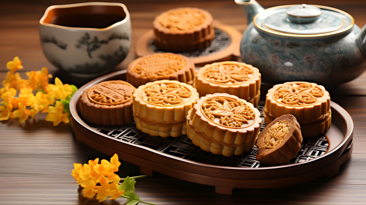 传统中式茶托上的月饼摄影版权图片下载