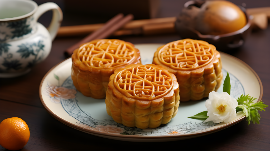 茶梅橘片配双黄月饼摄影版权图片下载