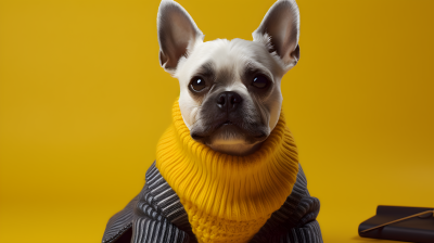 黄背景下的狗穿着毛衣的摄影图片