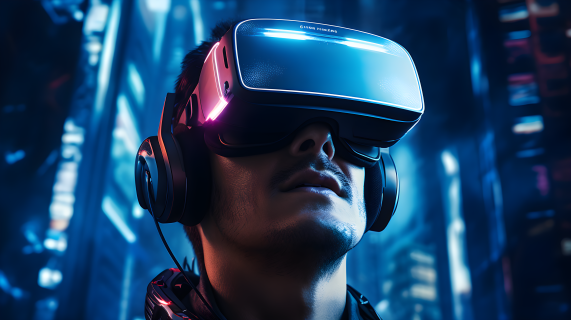 未来科幻风格的亚洲男子戴着VR眼镜摄影图片