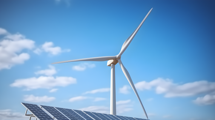 光绿与海军蓝的风力发电机覆盖太阳能电池板摄影版权图片下载