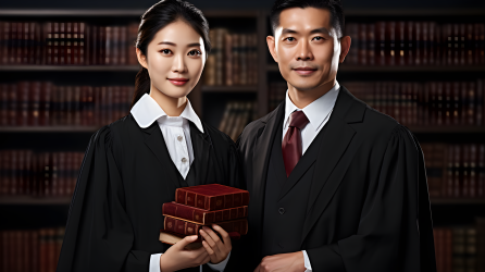 法律文献前的两位亚洲华裔律师摄影图片