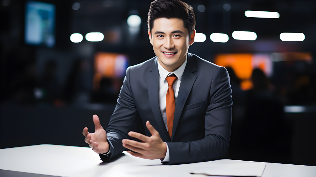 亚洲主持人穿着蓝西装的真实摄影图片