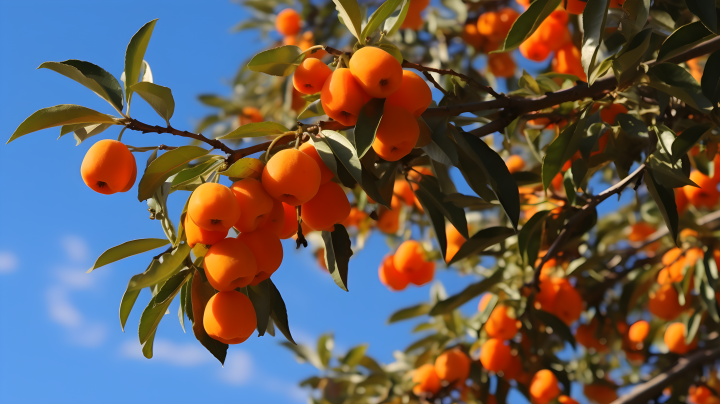 秋天里收获满满的柿子树摄影版权图片下载