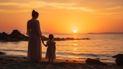海边母子观看绚丽的日落摄影图