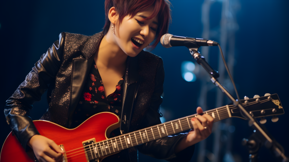 亚洲女性吉他弹唱摄影图片