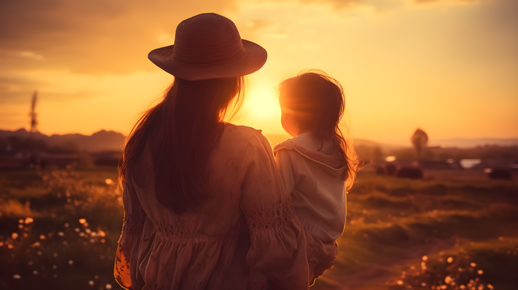 落日余晖中的女子与孩子背影摄影图片