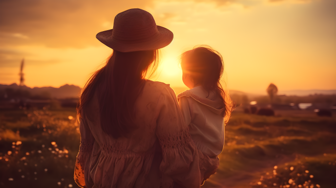 落日余晖中的女子与孩子背影摄影图片