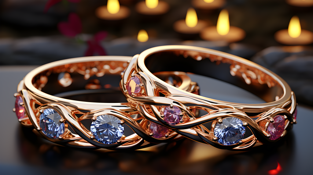 光红光绿水晶婚戒套装摄影图片