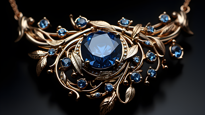 8K迷你珠宝项链，蓝宝石被钻石包围，巴洛克风格版权图片下载