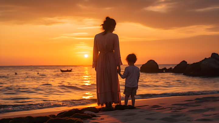 夕阳余晖下的母子海边背影摄影图版权图片下载