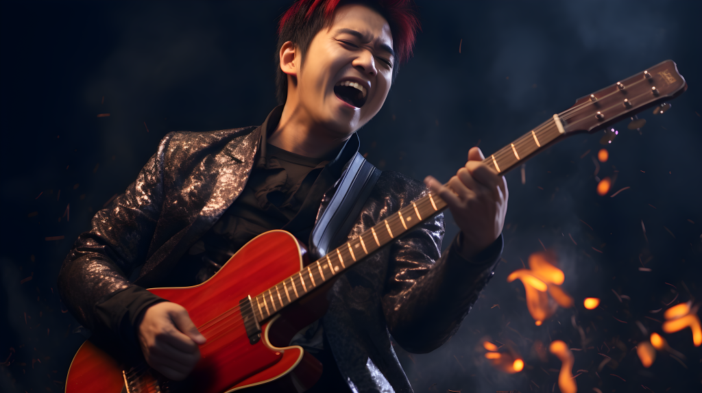 亚洲女歌手弹吉他唱歌摄影图片