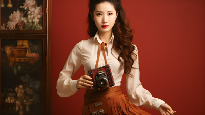 亚洲女性举着相机的真实摄影图片