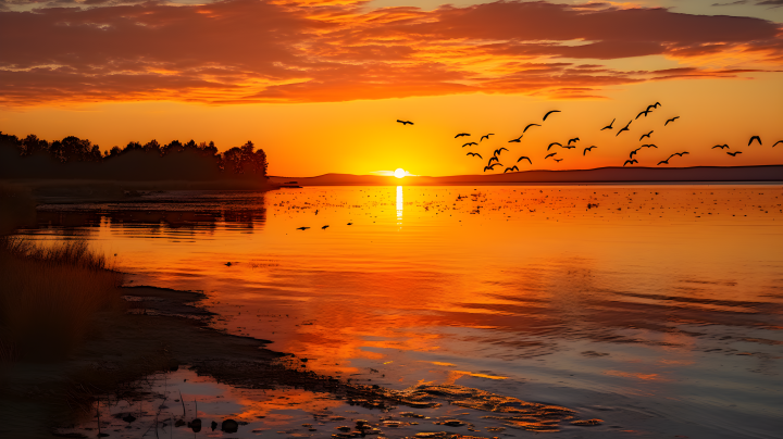 日出湖畔，鸟儿翱翔，橙色风格摄影图版权图片下载