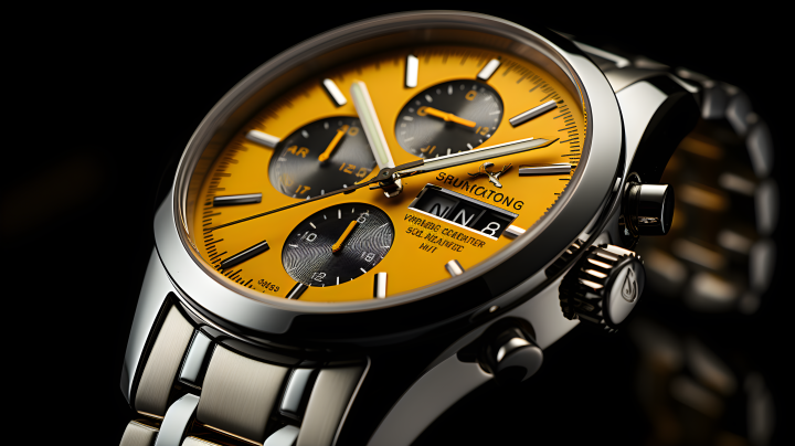 黑色背景上的钢制手表黄色表盘宁静风格设计的摄影版权图片下载