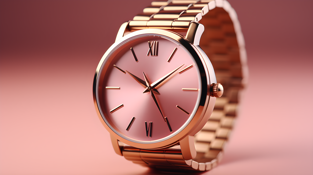 粉色背景下的金色调手表摄影图片