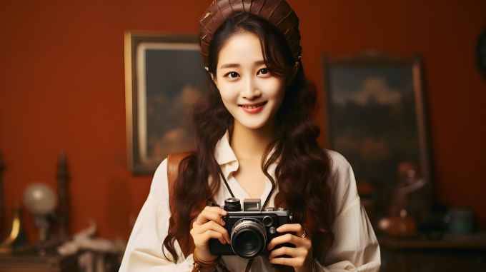 美女手持相机摄影图片