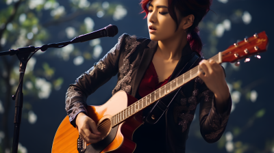 亚洲女歌手弹吉他演唱摄影图片