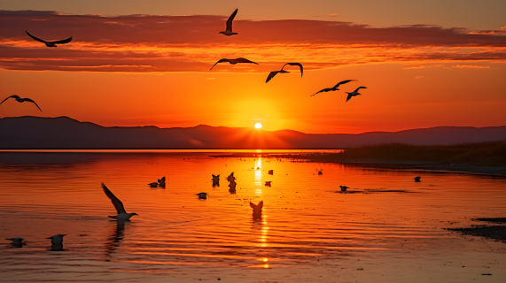 晨曦湖畔，鸟儿翱翔，奥兰治色调摄影图