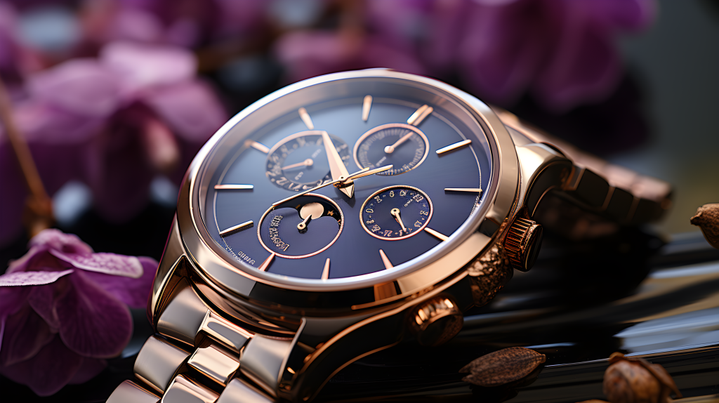 玫瑰金装饰的手表与一本杂志交相辉映高品质摄影图版权图片下载