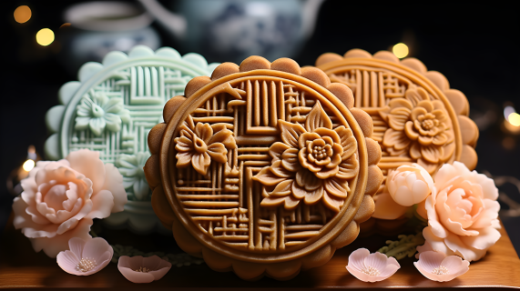 唐风自然主题的虎纹月饼和僧侣蛋糕摄影图片