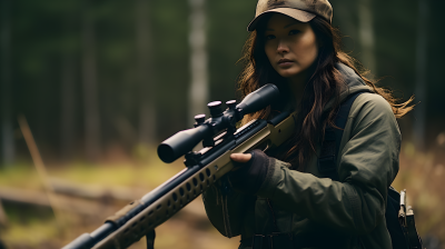 亚洲女性在森林中使用霰弹枪狩猎的摄影图片