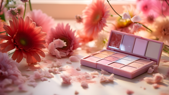 粉色眼影在白色桌子上与五彩斑斓的花朵摄影图片