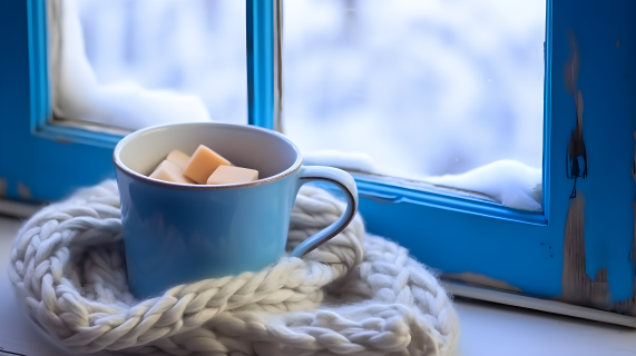 冬日热饮与蓝围巾摄影图片