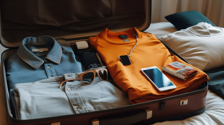 现代风格行李箱内的服装手机和平板电脑摄影图片