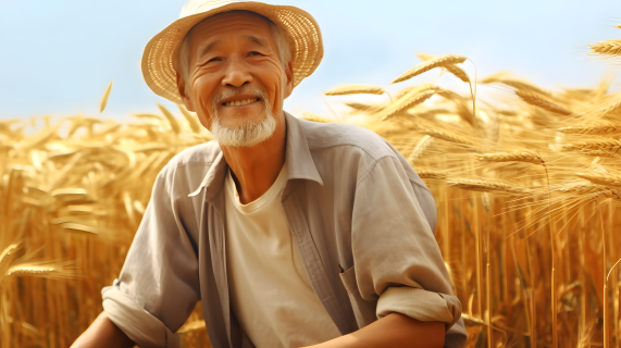 中国老人笑对麦田幸福微笑摄影图