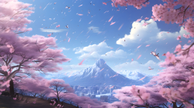 可爱风格下的粉色樱花树上的落叶摄影图片