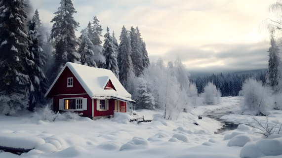 被大雪覆盖的林中小屋摄影图片