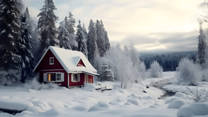 被大雪覆盖的林中小屋摄影版权图片下载