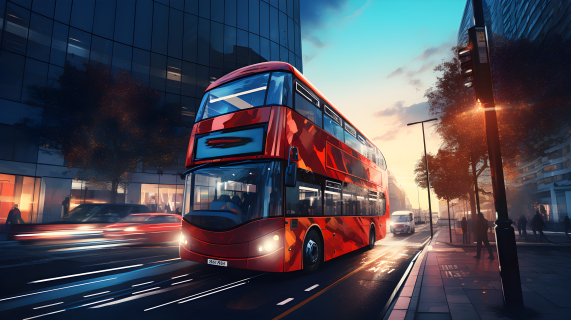 黄昏中的双层巴士城市行驶摄影图