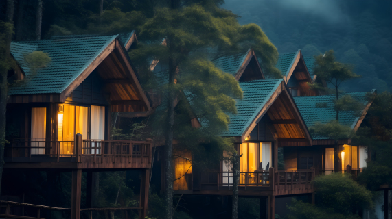 散发温暖灯光的森林小屋摄影图片