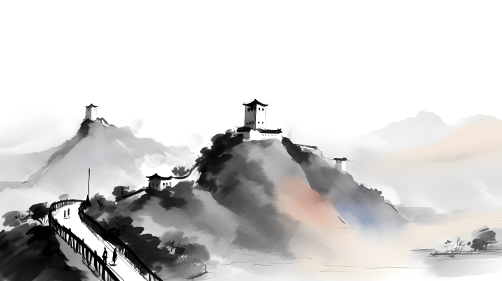 中国长城水墨画风格的高清图版权图片下载