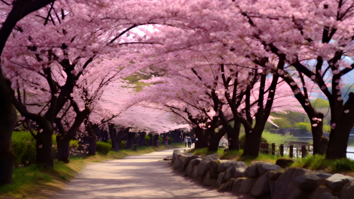 樱花树两旁的路径，阳光明媚逼真摄影版权图片下载