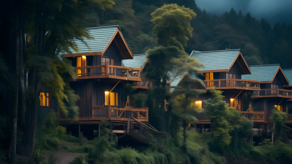 绿色松树木质小屋摄影版权图片下载