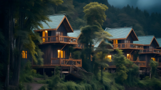 绿色松树木质小屋摄影图片