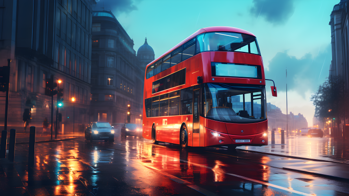 黄昏中的双层巴士红蓝运动能量摄影图版权图片下载