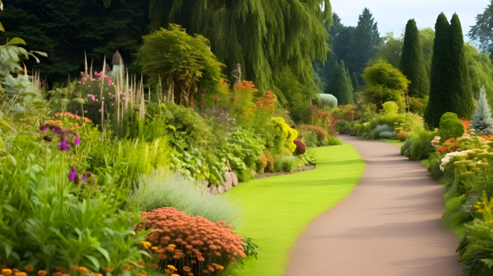 花园小径与高低不一的植物景观摄影版权图片下载