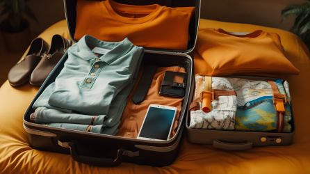 打开的行李箱里的衣服手机和平板电脑摄影图片