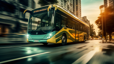 动感模糊的白绿色公交车穿梭城市街道摄影图片