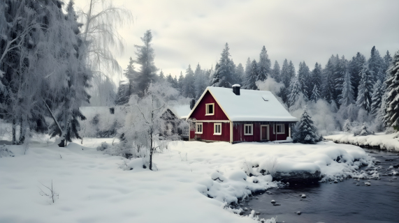 冬日森林红色木屋远景摄影图片