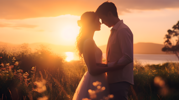 夕阳下浪漫花海中的婚纱照摄影图片