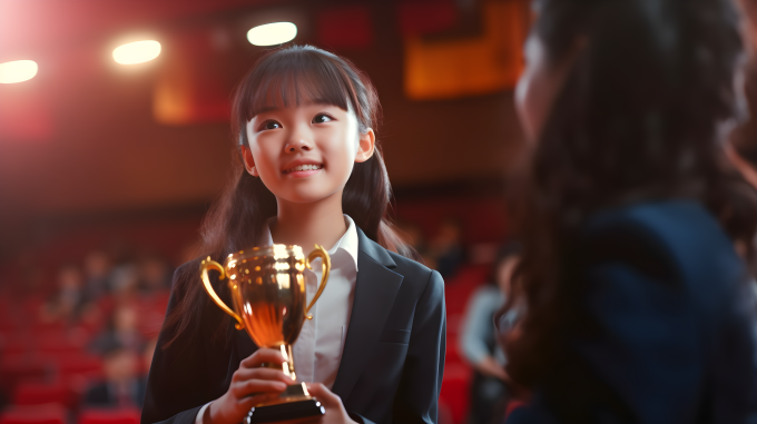 中国女学生获奖台上摄影图片