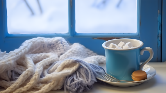 冬天窗前热饮蓝色围巾写实风格摄影图片
